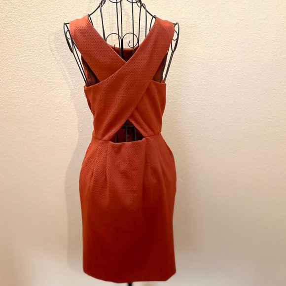 🍁 Forever 21 Contemporary 🍁 Burnt Orange Waffle Knit Bib Pleat Mini Dress Sz S - Picture 7 of 10
